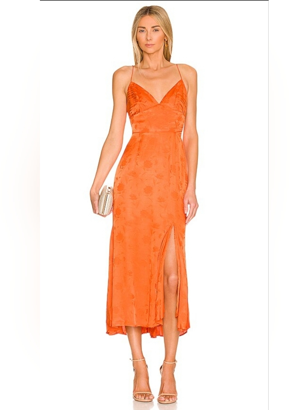 NWT Sau Lee Francesca Orange Satin Jacquard Slip Midi Dress with Side Slit - 8 - Picture 2 of 14